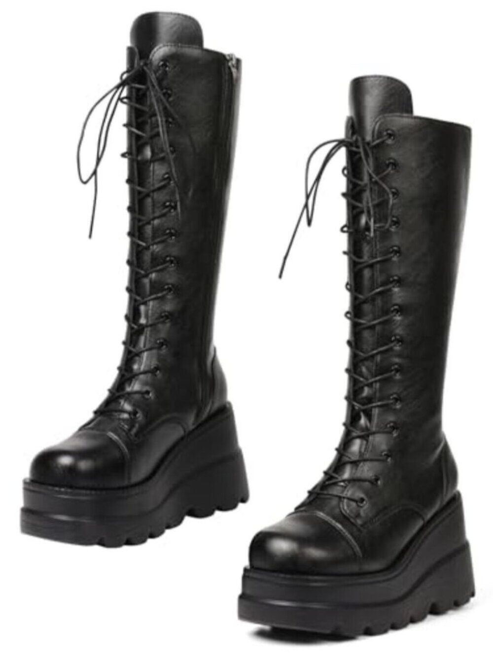 🆕 Womens High Platform Mid Calf Wedges Chunky High Heel Round-Toe Side Zip